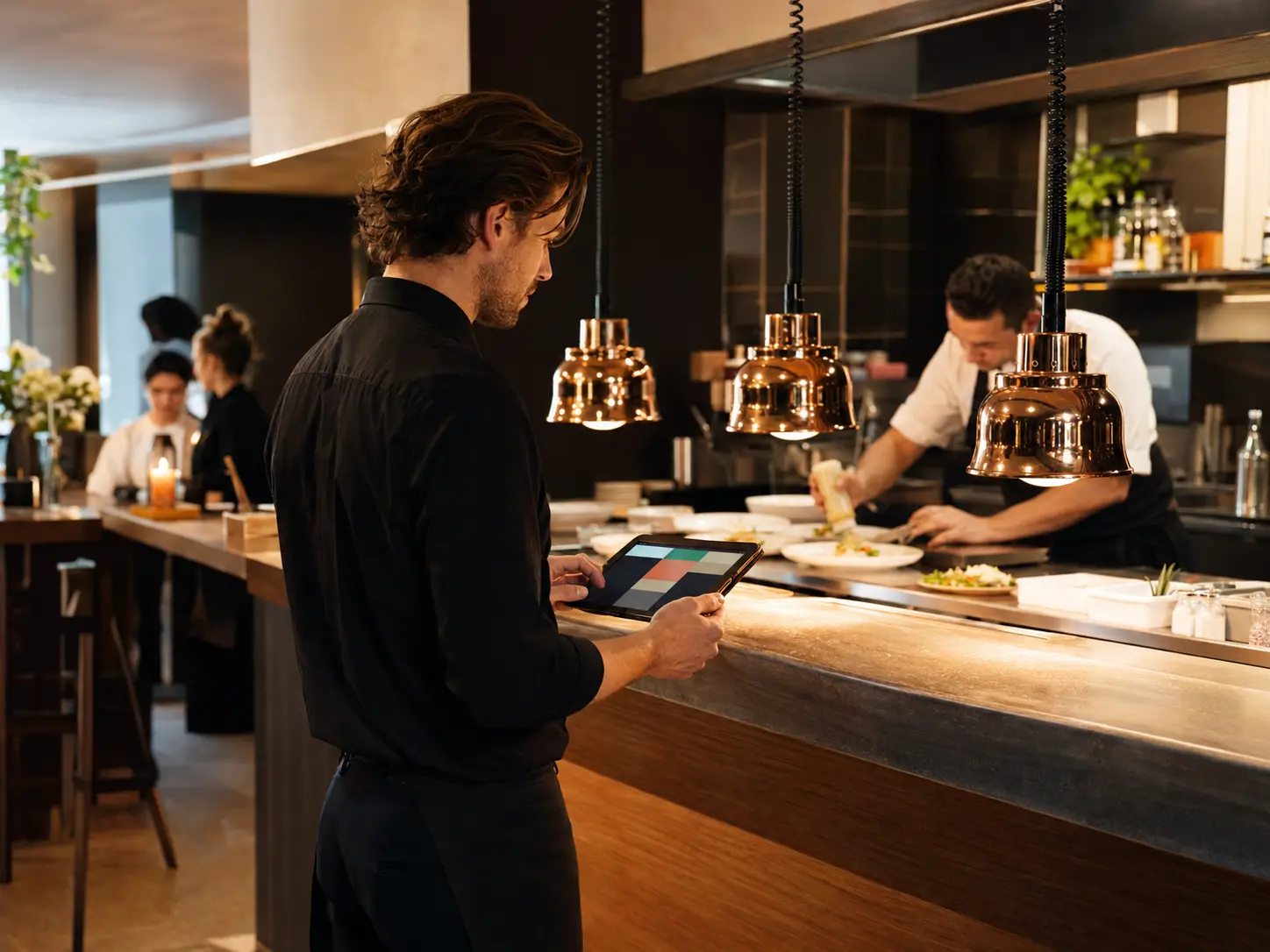Membre du personnel suivant les commandes sur une tablette en cuisine